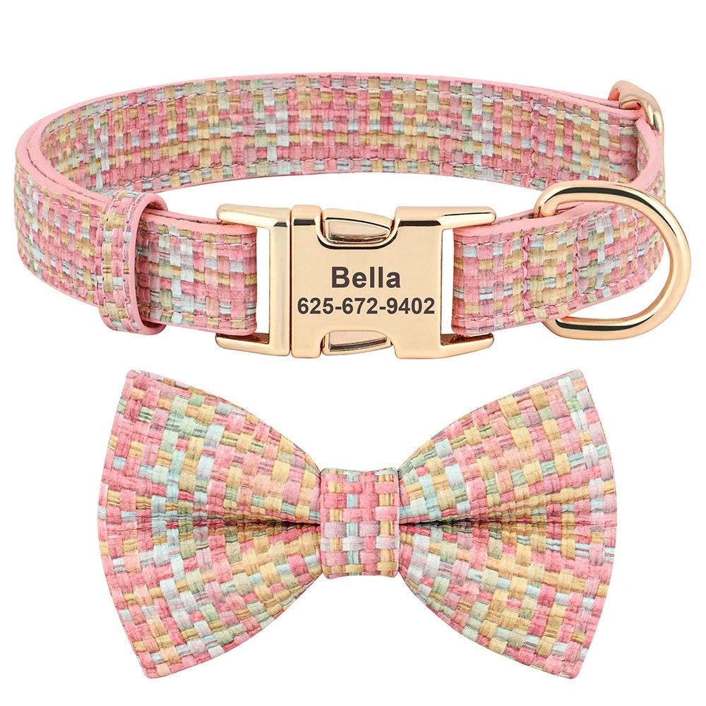 Personalised Plaid Dog Collar PU Leather with Dog Name Engraved, Dog Collar With Matching Bow Tie