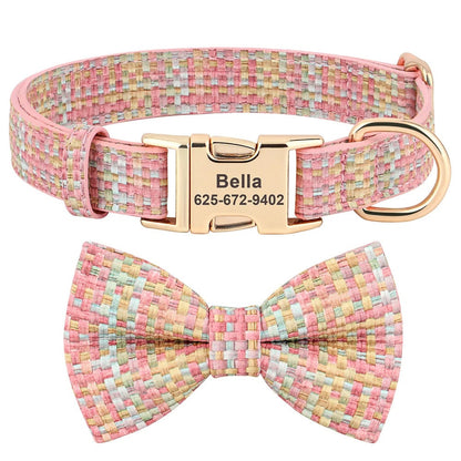 Personalised Plaid Dog Collar PU Leather with Dog Name Engraved, Dog Collar With Matching Bow Tie