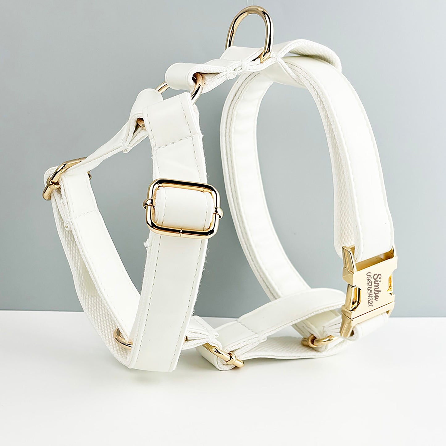 Leather Dog Collar, White PU Collar/Lead/Bowtie/Harness/Bag,Solid Dog Collar Leash Set, Engraved Metal Buckle,Easy Clean,Wedding Puppy Gift