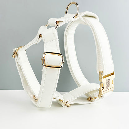 Leather Dog Collar, White PU Collar/Lead/Bowtie/Harness/Bag,Solid Dog Collar Leash Set, Engraved Metal Buckle,Easy Clean,Wedding Puppy Gift