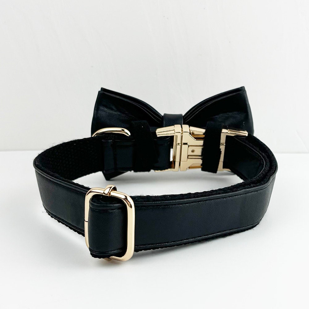 Leather Dog Collar, Black PU Collar/Lead/Bowtie/Harness/Bag,Solid Dog Collar Leash Set, Engraved Metal Buckle,Easy Clean,Wedding Puppy Gift