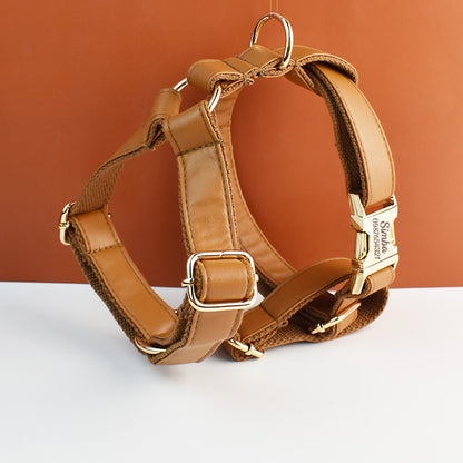 Brown PU Leather Dog Collar Leash Bowtie, Personalised Puppy Collar, Vegan Leather Dog Harness Poop Bag for Wedding Gift