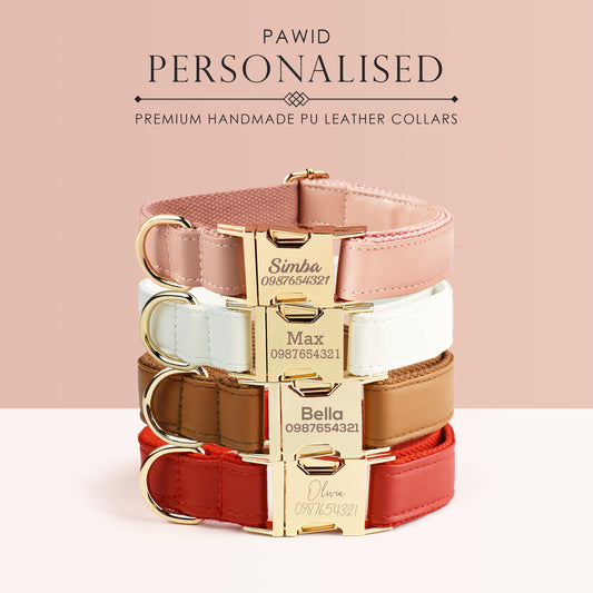 Leather Dog Collar,PU Collar/Lead/Bowtie,Solid Dog Collar Leash Set Dust Pink+White+Red+Black, Engraved Metal Buckle,Wedding Puppy Gift