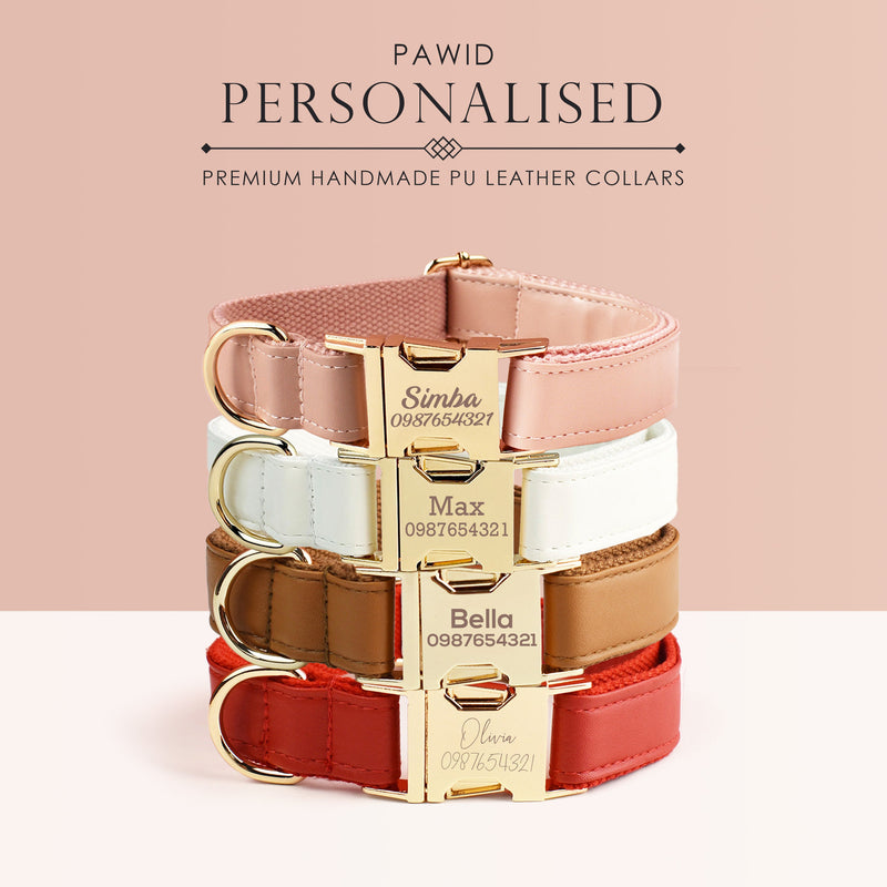 Leather Dog Collar,PU Collar/Lead/Bowtie,Solid Dog Collar Leash Set Dust Pink+White+Red+Black, Engraved Metal Buckle,Wedding Puppy Gift