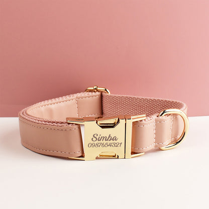 Leather Dog Collar,PU Collar/Lead/Bowtie,Solid Dog Collar Leash Set Dust Pink+White+Red+Black, Engraved Metal Buckle,Wedding Puppy Gift