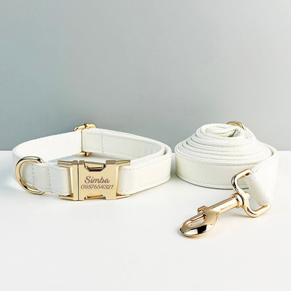 Leather Dog Collar,PU Collar/Lead/Bowtie,Solid Dog Collar Leash Set Dust Pink+White+Brown+Black, Engraved Metal Buckle,Wedding Puppy Gift