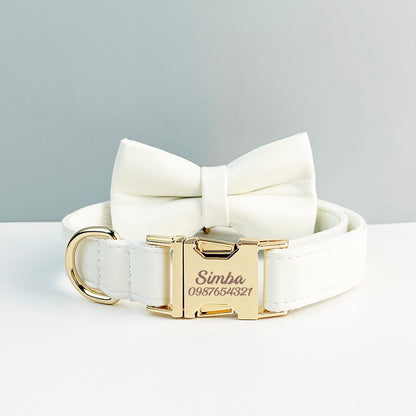 Leather Dog Collar,PU Collar/Lead/Bowtie,Solid Dog Collar Leash Set Dust Pink+White+Brown+Black, Engraved Metal Buckle,Wedding Puppy Gift