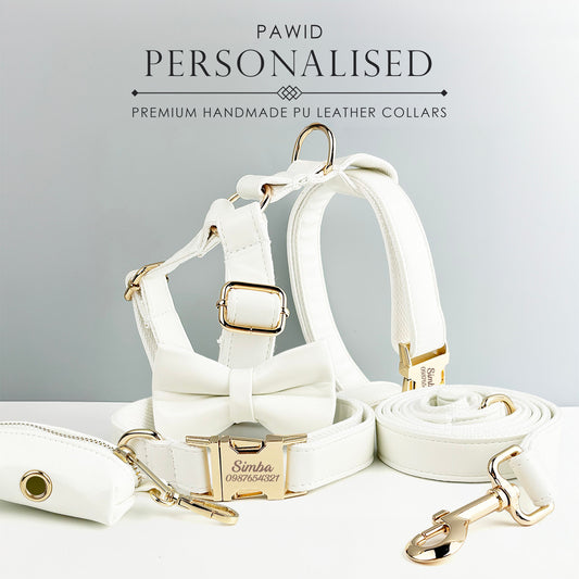 Leather Dog Harness, White PU Collar/Lead/Bowtie/Harness/Bag,Solid Dog Collar Leash Set, Engraved Metal Buckle,Easy Clean,Wedding Puppy Gift