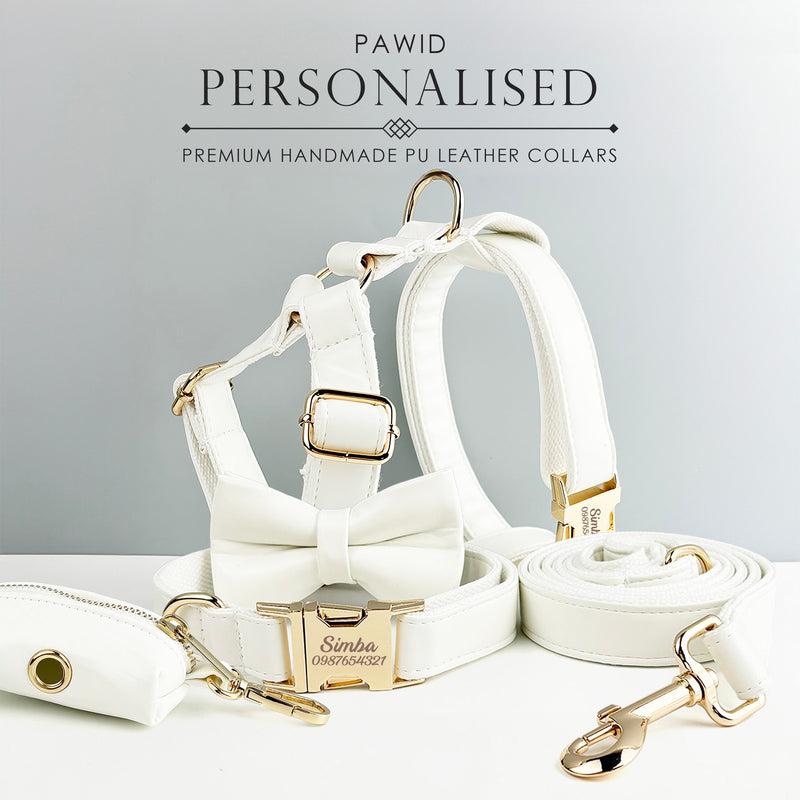 Leather Dog Harness, White PU Collar/Lead/Bowtie/Harness/Bag,Solid Dog Collar Leash Set, Engraved Metal Buckle,Easy Clean,Wedding Puppy Gift