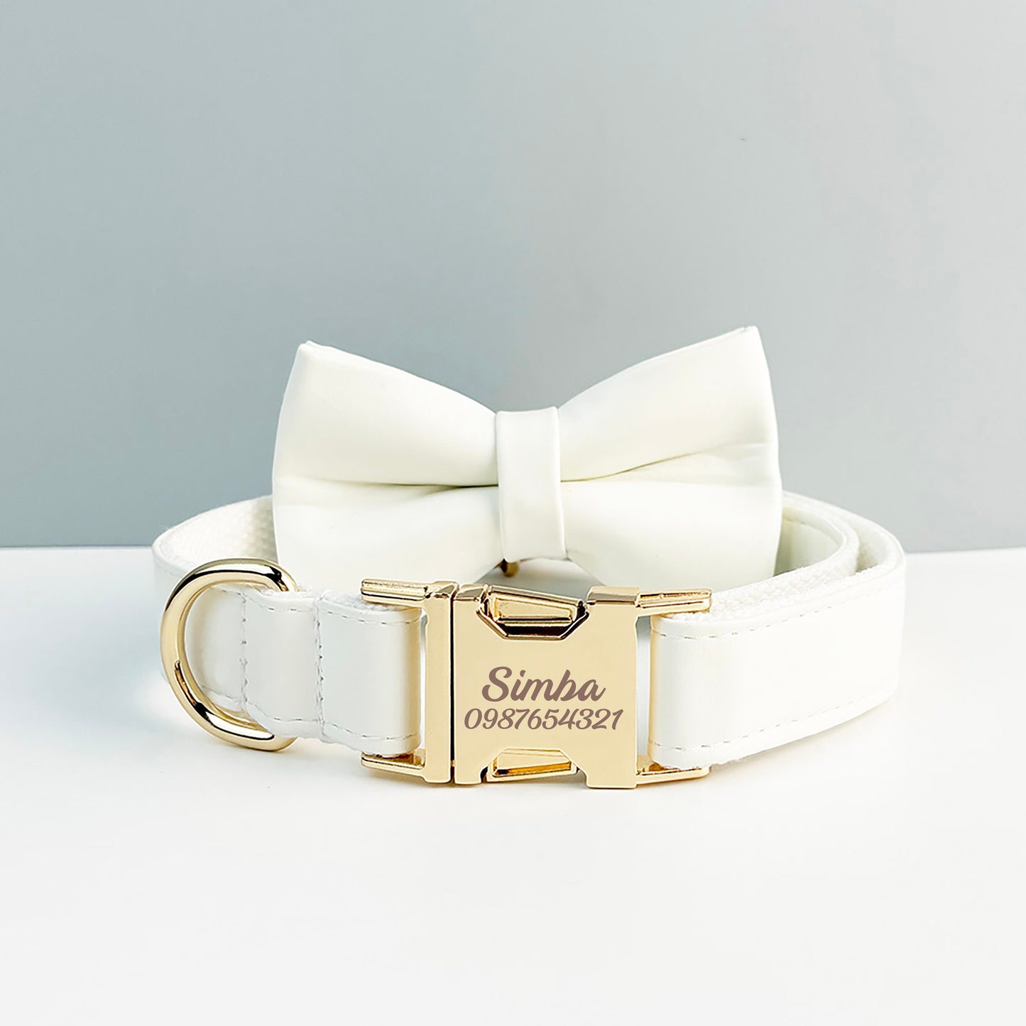 Leather Dog Harness, White PU Collar/Lead/Bowtie/Harness/Bag,Solid Dog Collar Leash Set, Engraved Metal Buckle,Easy Clean,Wedding Puppy Gift