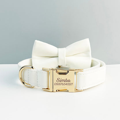 Leather Dog Harness, White PU Collar/Lead/Bowtie/Harness/Bag,Solid Dog Collar Leash Set, Engraved Metal Buckle,Easy Clean,Wedding Puppy Gift