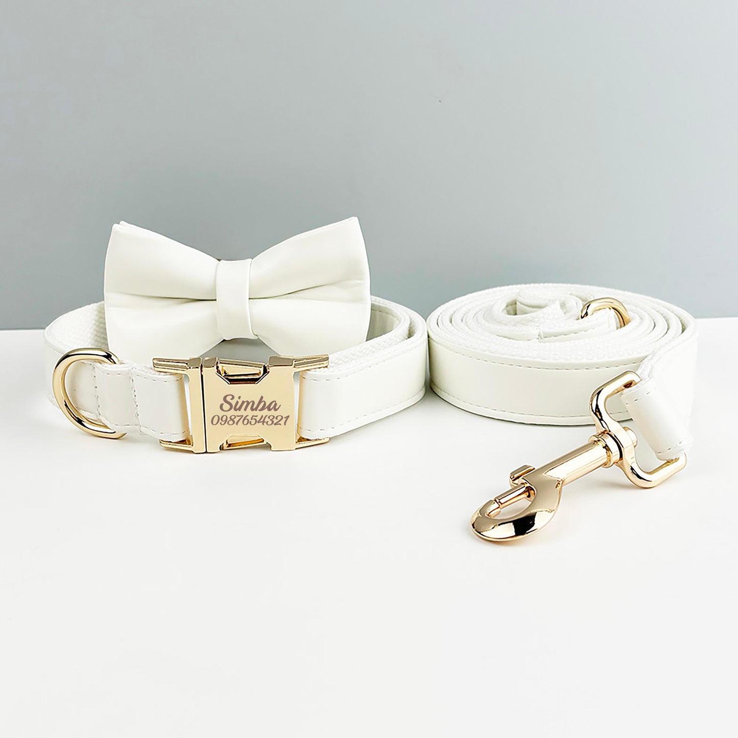 Leather Dog Harness, White PU Collar/Lead/Bowtie/Harness/Bag,Solid Dog Collar Leash Set, Engraved Metal Buckle,Easy Clean,Wedding Puppy Gift