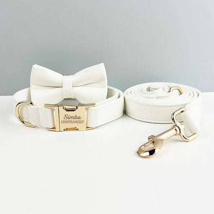 Leather Dog Harness, White PU Collar/Lead/Bowtie/Harness/Bag,Solid Dog Collar Leash Set, Engraved Metal Buckle,Easy Clean,Wedding Puppy Gift