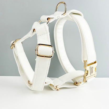 Leather Dog Harness, White PU Collar/Lead/Bowtie/Harness/Bag,Solid Dog Collar Leash Set, Engraved Metal Buckle,Easy Clean,Wedding Puppy Gift