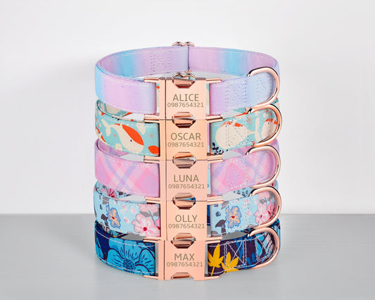 Personalised Pink Tie Dye Custom Dog Collar or Dog Collar and Lead Set Poop Bag, Plaid, Animal, Floral and Leaves Pattern