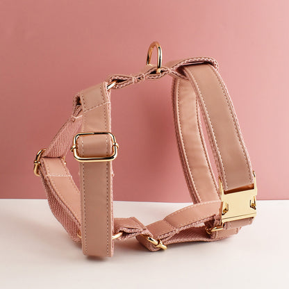 Leather Dog Harness, Pink PU Collar/Lead/Bowtie/Harness/Bag,Solid Dog Collar Leash Set, Engraved Metal Buckle,Easy Clean,Wedding Puppy Gift