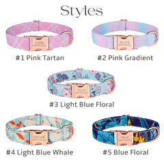 Personalized Engraved Handmade Pink Tie Dye Custom Dog Collar or Dog Collar and Lead Set Poop Bag, Plaid, Animal, Floral and Leaves Pattern