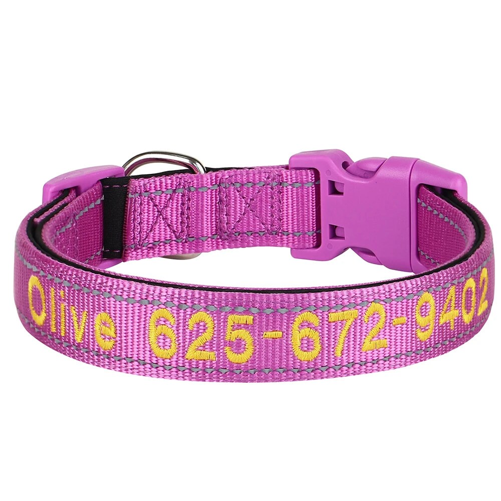 Personalised Reflective Dog Collar, Custom Embroidered Nylon Name for Small to Large Dog, Purple, Pink, Grey, Au, Us, Uk, Ca Fast Free Ship