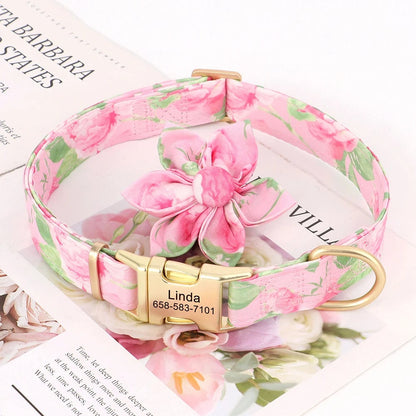 Personalised Dog Collar Set with Matching Flower in Purple, Pink, Orange, Blue and Floral Pattern