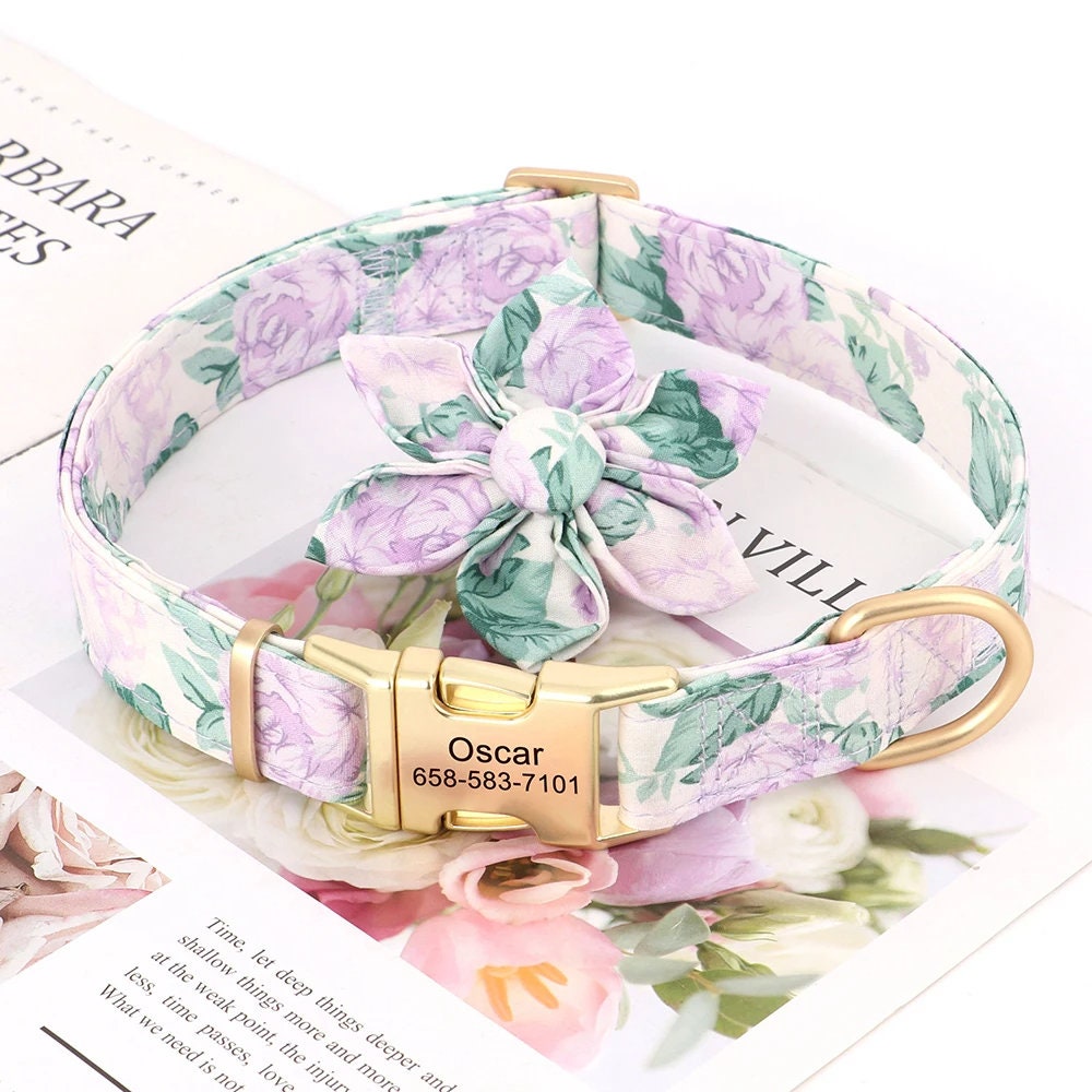 Personalised Dog Collar Set with Matching Flower in Purple, Pink, Orange, Blue and Floral Pattern