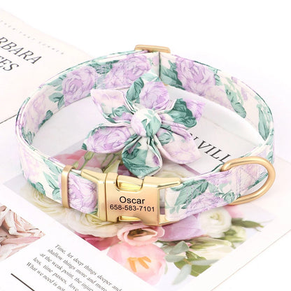 Personalised Dog Collar Set with Matching Flower in Purple, Pink, Orange, Blue and Floral Pattern