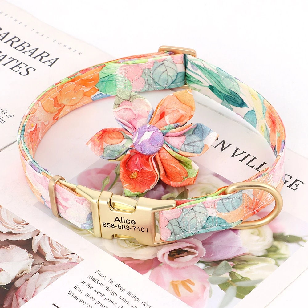 Personalised Dog Collar Set with Matching Flower in Purple, Pink, Orange, Blue and Floral Pattern