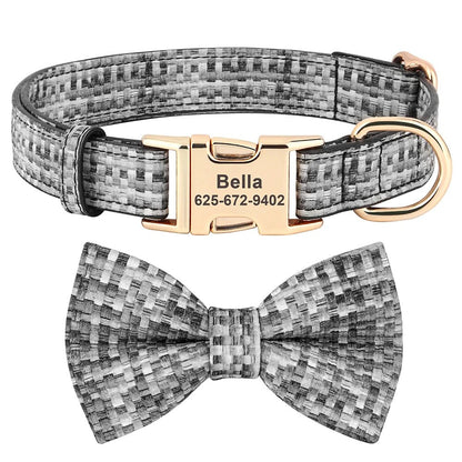Personalised Plaid Dog Collar PU Leather with Dog Name Engraved, Dog Collar With Matching Bow Tie