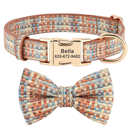 Personalised Plaid Dog Collar PU Leather with Dog Name Engraved, Dog Collar With Matching Bow Tie
