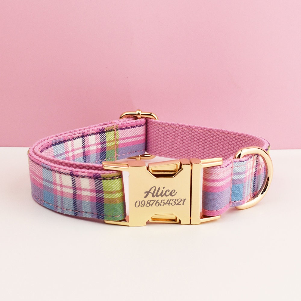 Custom Light Purple Plaid Personalised Tartan Dog Collar, Matching Dog Bowtie, Dog Leash, Dog Harness Walking Set