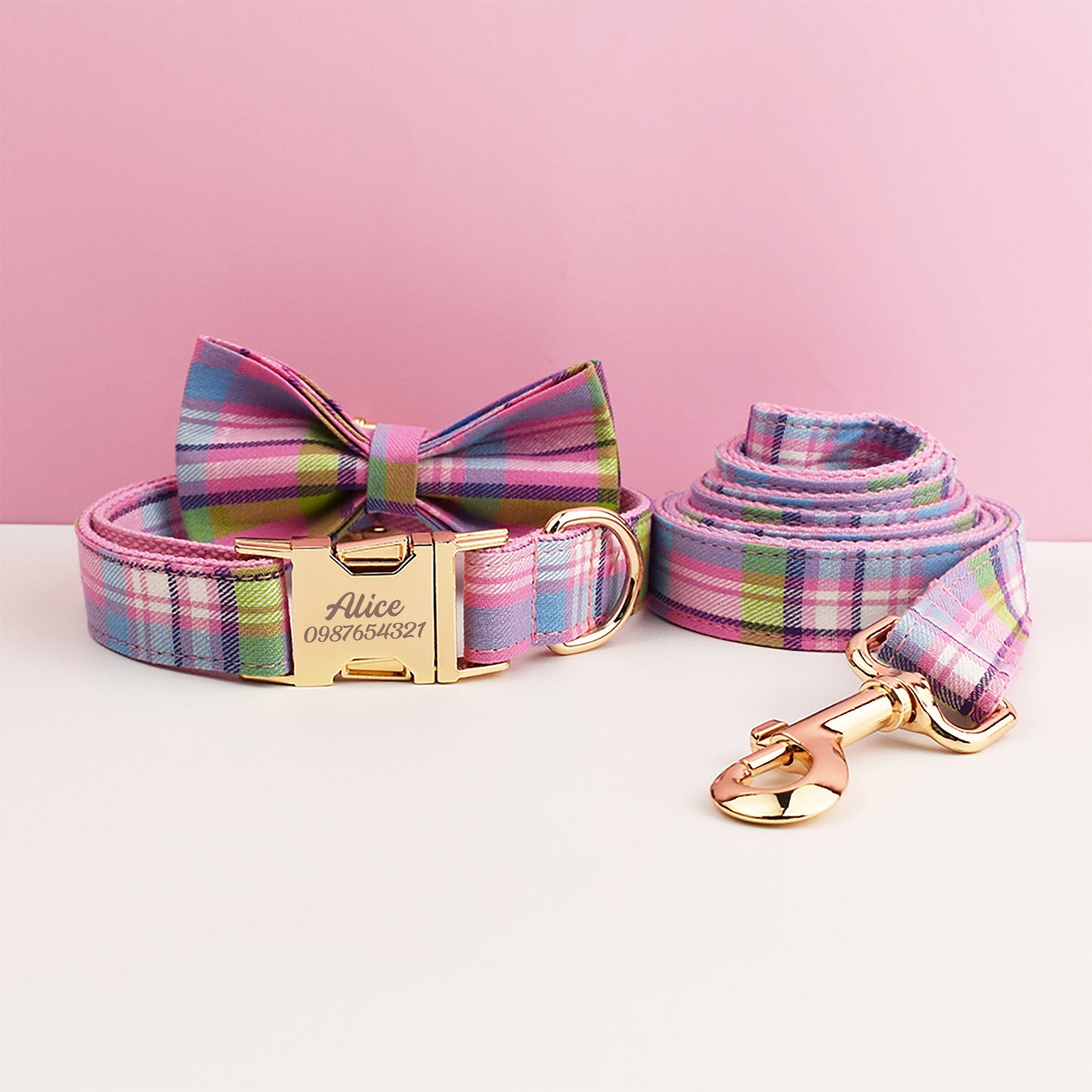 Custom Light Purple Plaid Personalised Tartan Dog Collar, Matching Dog Bowtie, Dog Leash, Dog Harness Walking Set