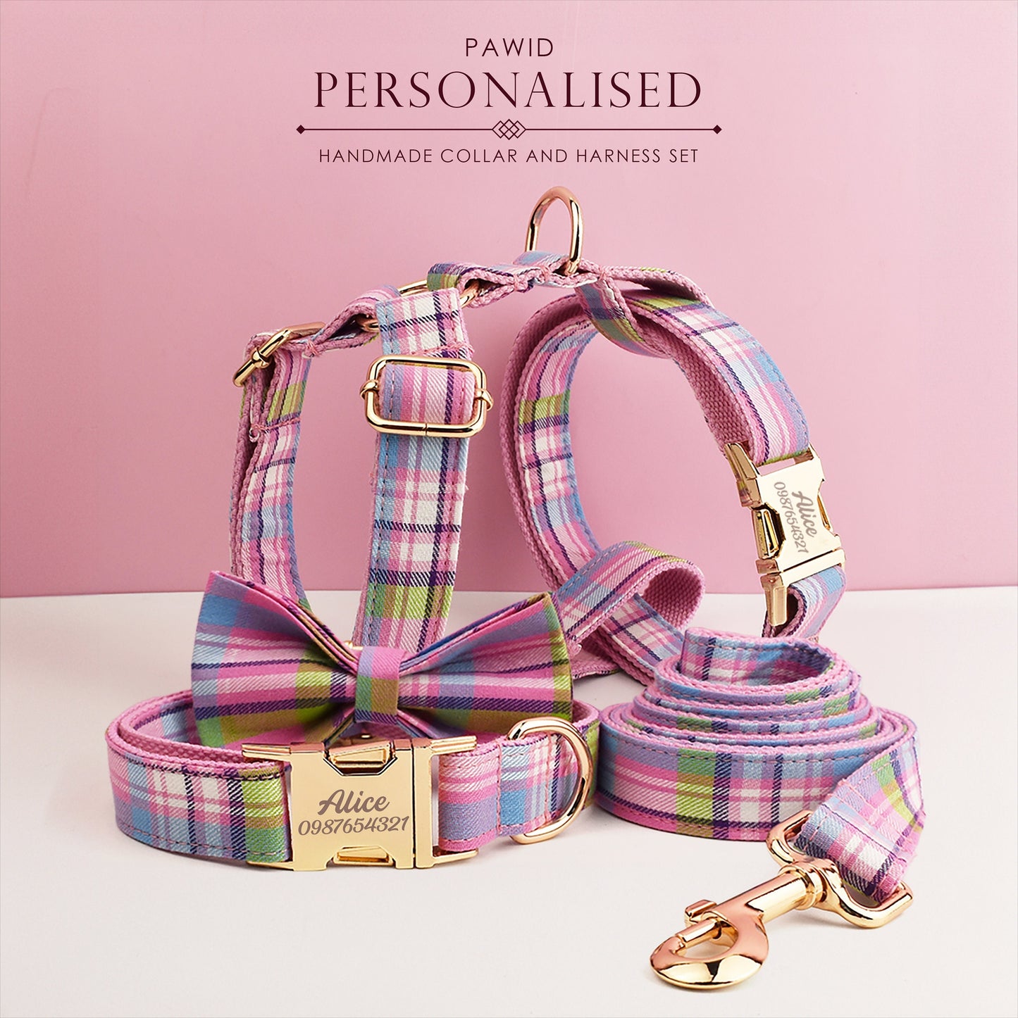 Custom Light Purple Plaid Personalised Tartan Dog Collar, Matching Dog Bowtie, Dog Leash, Dog Harness Walking Set
