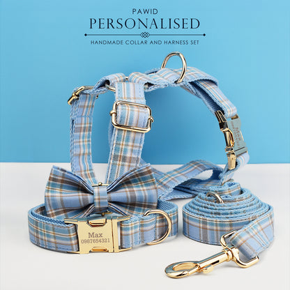 Custom Blue Plaid Dog Walking Set Personalised Dog Collar, Matching Dog Bowtie, Dog Leash, Roman Dog Harness