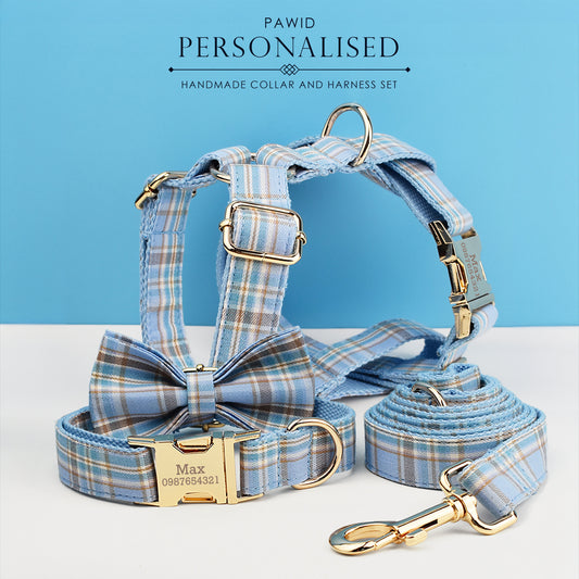 Custom Blue Plaid Dog Walking Set Personalised Dog Collar, Matching Dog Bowtie, Dog Leash, Roman Dog Harness