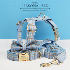 Custom Blue Plaid Dog Walking Set Personalized Dog Collar, Matching Dog Bowtie, Dog Leash, Roman Dog Harness, Different Combo