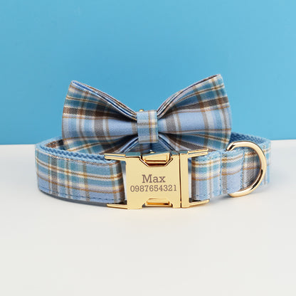 Custom Blue Plaid Dog Walking Set Personalised Dog Collar, Matching Dog Bowtie, Dog Leash, Roman Dog Harness