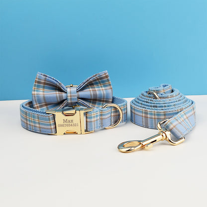 Custom Blue Plaid Dog Walking Set Personalised Dog Collar, Matching Dog Bowtie, Dog Leash, Roman Dog Harness