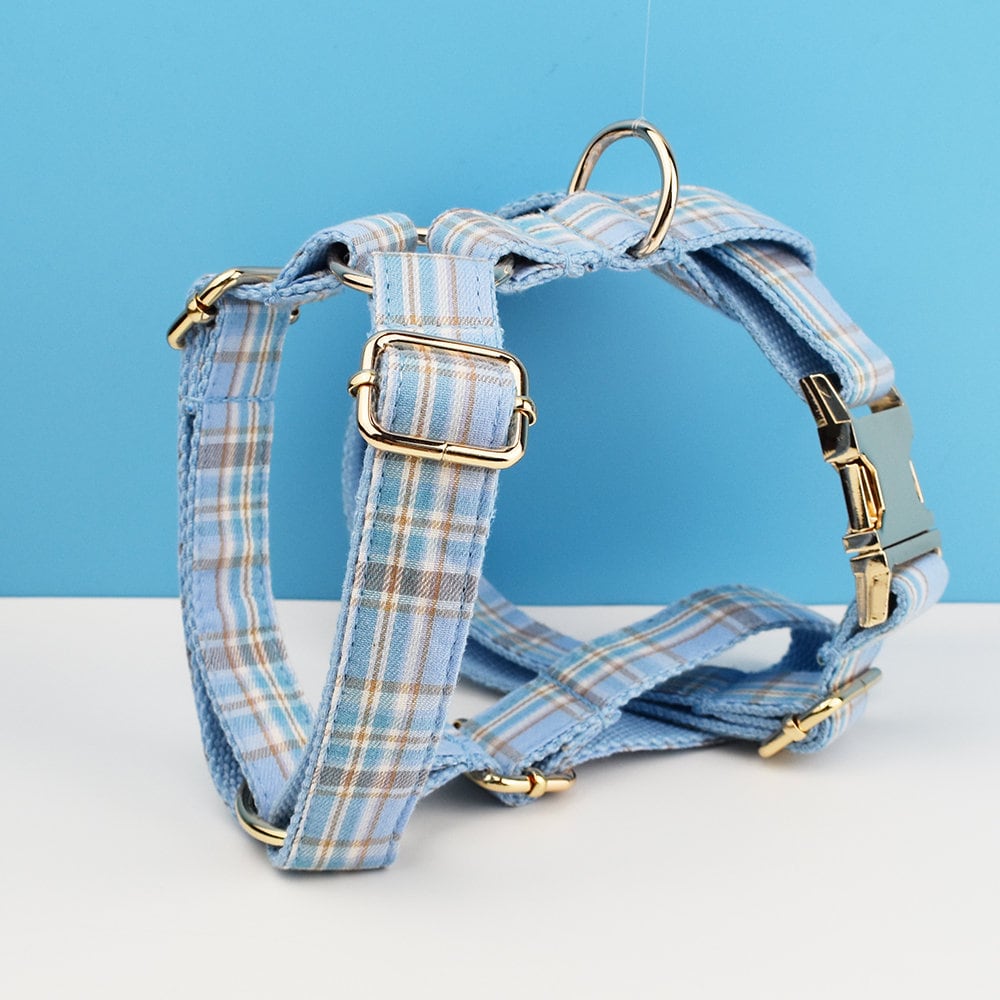 Custom Blue Plaid Dog Walking Set Personalised Dog Collar, Matching Dog Bowtie, Dog Leash, Roman Dog Harness