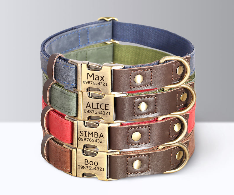 Dog Collar Personalized Engraved Durable Polyester and PU Leather Dog Collar with Custom Name Buckle, 5ft Matching Dog Leash Available