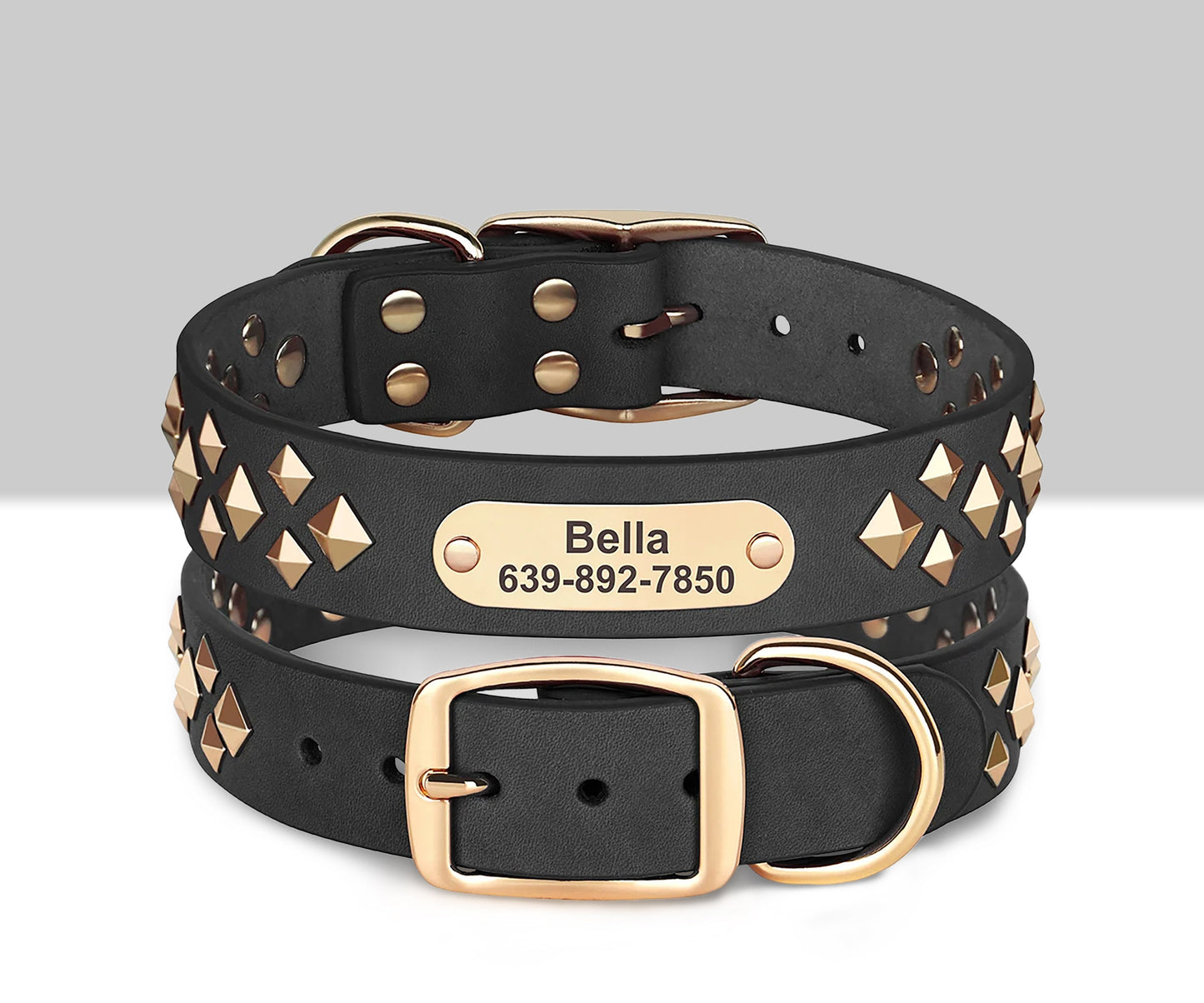Personalised Laser Engraved Genuine Leather Spiked Deco Dog Collar for Small to Large dogs