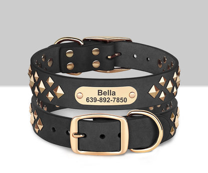 Personalised Laser Engraved Genuine Leather Spiked Deco Dog Collar for Small to Large dogs