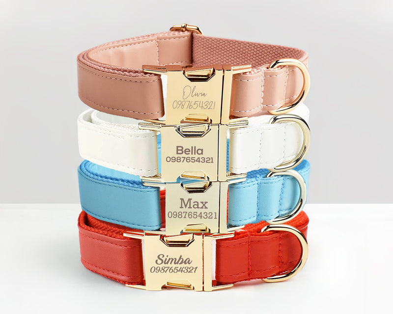 Leather Dog Collar,PU Collar/Lead/Bowtie,Solid Dog Collar Leash Set Dust Pink+White+Blue+Red, Engraved Metal Buckle,Wedding Puppy Gift