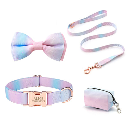 Personalised Pink Tie Dye Custom Dog Collar or Dog Collar and Lead Set Poop Bag, Plaid, Animal, Floral and Leaves Pattern