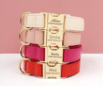 PU Leather Dog Collar, Collar/Lead/Poop Bag, Solid Dog Collar Leash Set Cream+Pink+Hot Pink+Red Engraved Metal Buckle, Wedding Puppy Gift