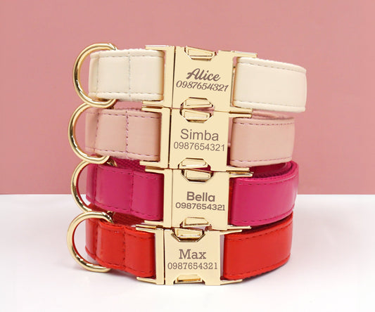 PU Leather Dog Collar, Collar/Lead/Poop Bag, Solid Dog Collar Leash Set Cream+Pink+Hot Pink+Red Engraved Metal Buckle, Wedding Puppy Gift