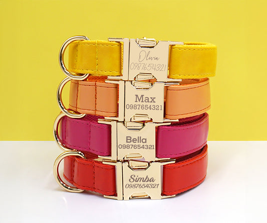 PU Leather Dog Collar, Collar/Lead/Poop Bag, Solid Dog Collar Leash Set Yellow+Orange+Hot Pink+Red Engraved Metal Buckle, Wedding Puppy Gift
