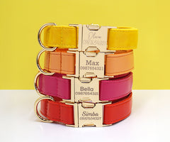 PU Leather Dog Collar, Collar/Lead/Poop Bag, Solid Dog Collar Leash Set Yellow+Orange+Hot Pink+Red Engraved Metal Buckle, Wedding Puppy Gift