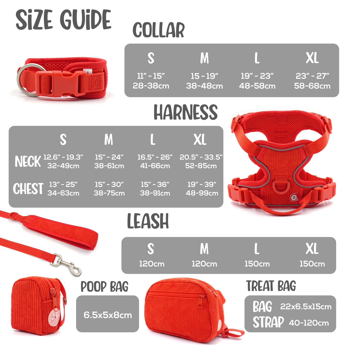 Personalised Dog Collar or Dog Harness Set - Red No Pull Dog Harness - Dog Leash - Poop Bag Holder - Treat Bag