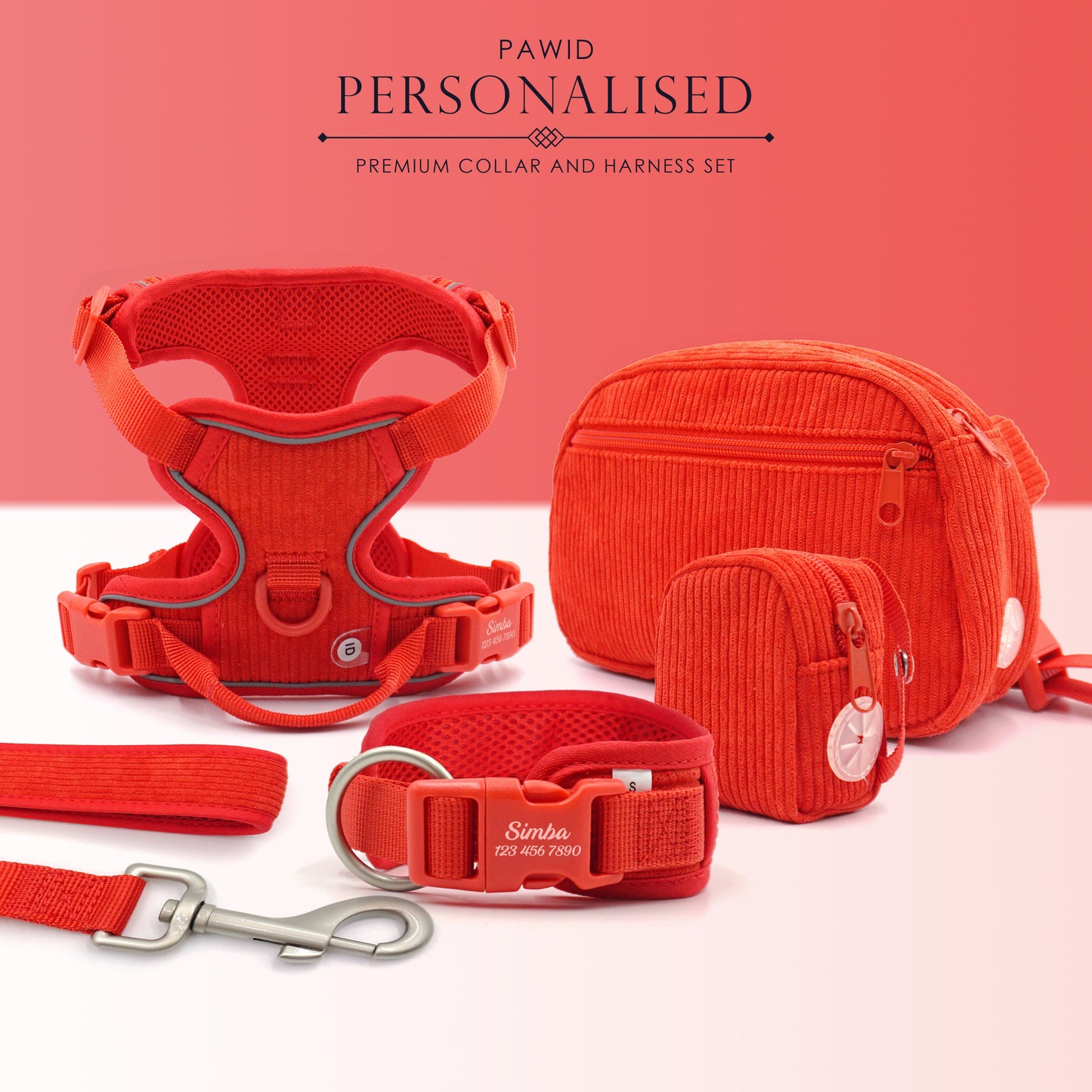 Personalised Dog Collar or Dog Harness Set - Red No Pull Dog Harness - Dog Leash - Poop Bag Holder - Treat Bag