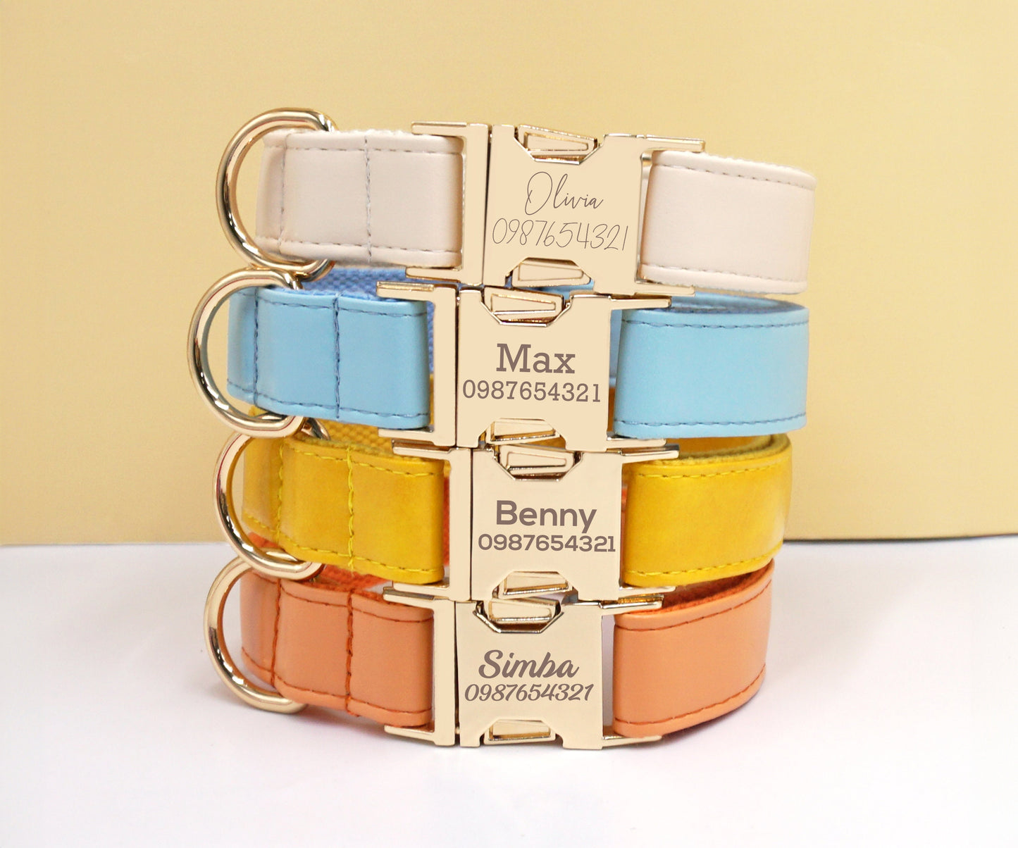 PU Leather Dog Collar, Collar/Lead/Poop Bag, Dog Collar Leash Set Cream+Light Blue+Yellow+Orange Engraved Metal Buckle, Wedding Puppy Gift