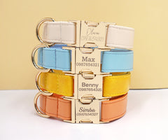 PU Leather Dog Collar, Collar/Lead/Poop Bag, Dog Collar Leash Set Cream+Light Blue+Yellow+Orange Engraved Metal Buckle, Wedding Puppy Gift